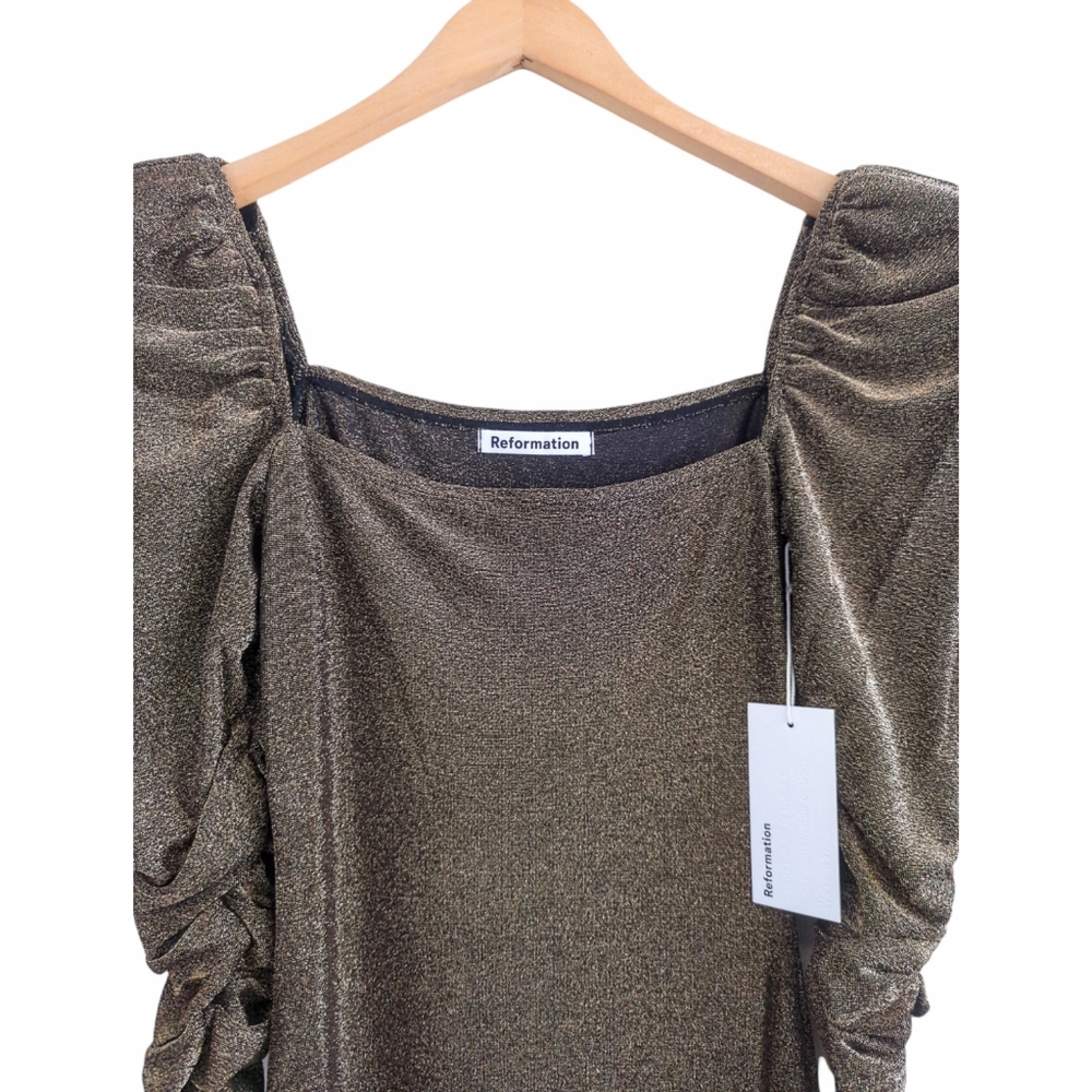Reformation 'Rahm' Ruched Puff Sleeve Dress in Bronze Sparkle Size XS - Picture 11 of 13